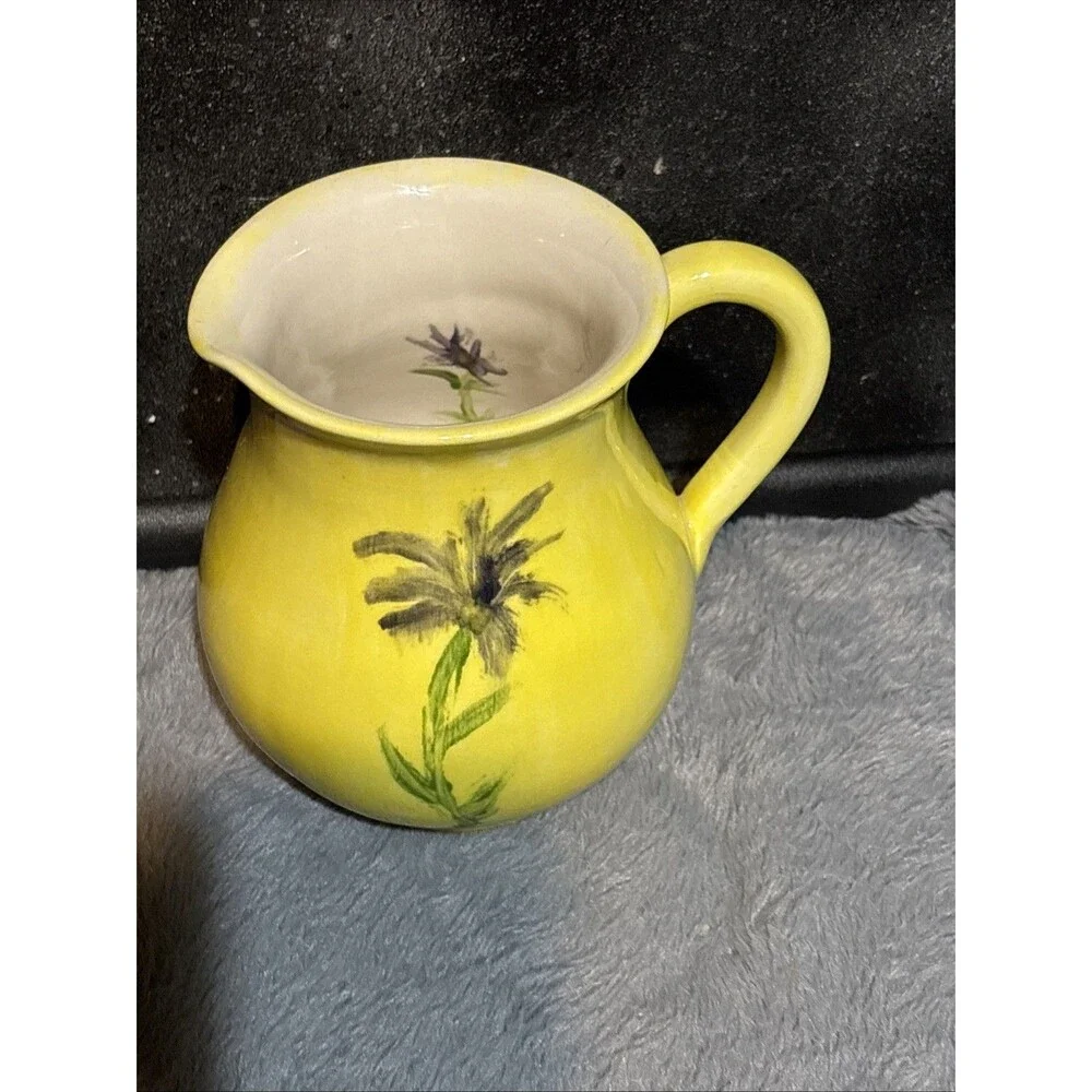 Handmade Art Pottery Pitcher Creamer Yellow Flowers In Out 6.25” Tall Vase Decor